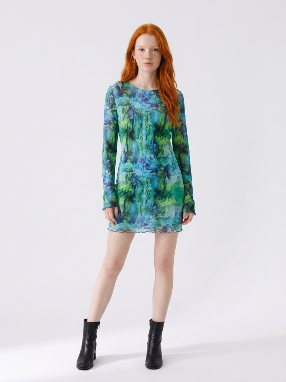 Green & Blue Swirl Long-Sleeve Mini transparent Dress